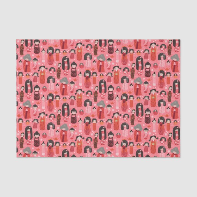 Cute Illustrated Japanese Kokeshi Pink Tissue Paper (Front)