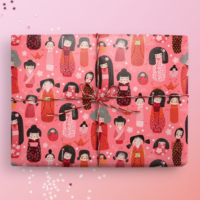 Cute Illustrated Japanese Kokeshi Pink Wrapping Paper (Kokeshi Gift Mockup)