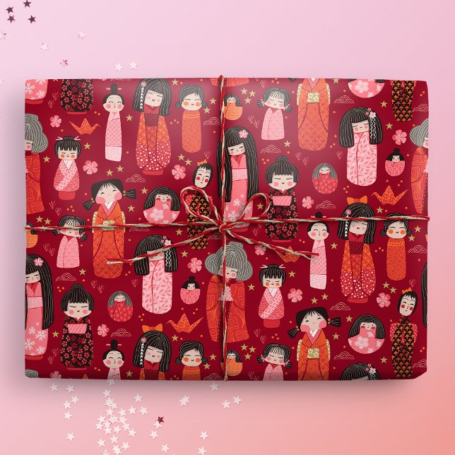 Cute Illustrated Japanese Kokeshi Red Wrapping Paper (Kokeshi Gift Mockup)