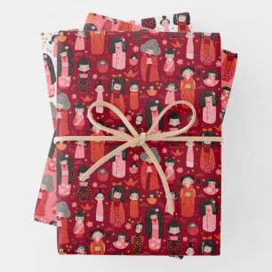 Cute Illustrated Japanese Kokeshi Set of Three Wrapping Paper Sheets