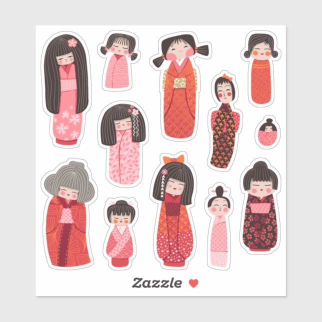 Cute Illustrated Japanese Kokeshi Sticker (Sheet)