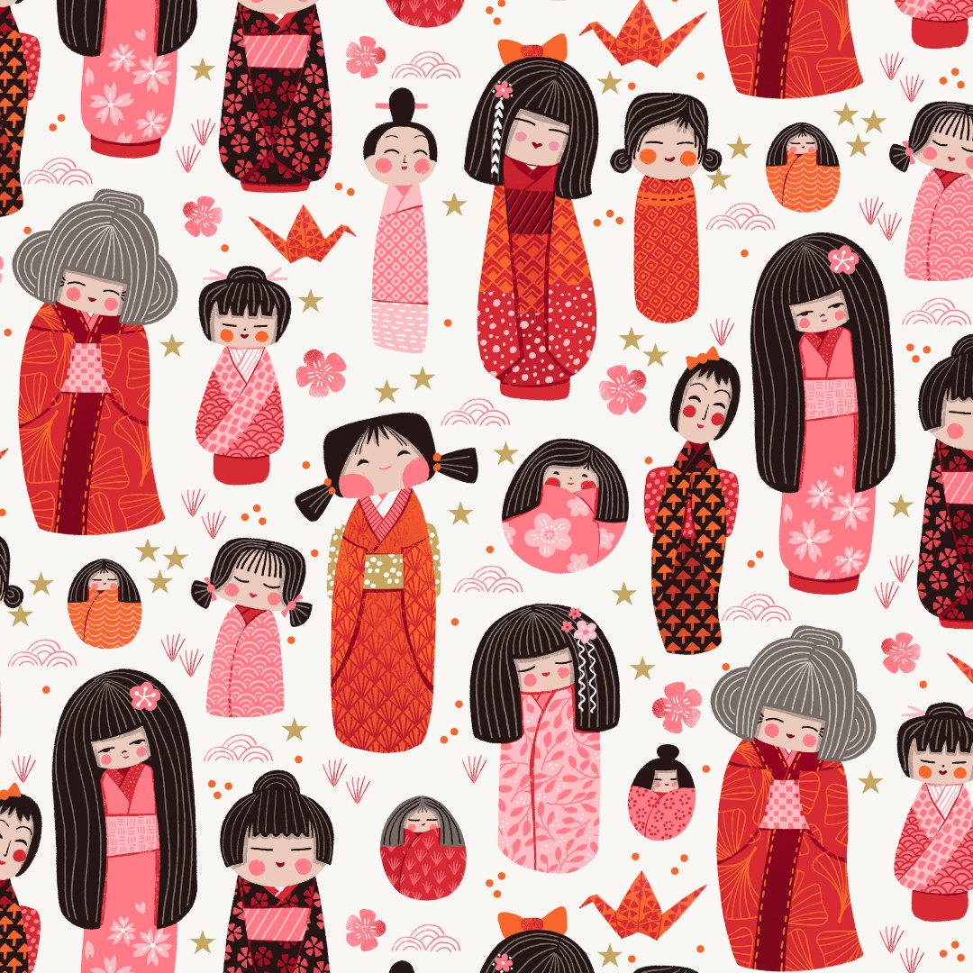 Cute Illustrated Japanese Kokeshi Wrapping Paper