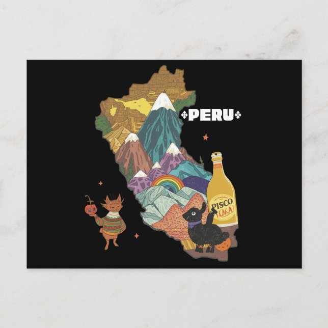 Cute Illustrated Per Map Machu Picchu and Alpaca Postcard (Front)