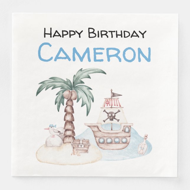 Cute Illustrated Pirate Party Paper Dinner Napkins (Front)