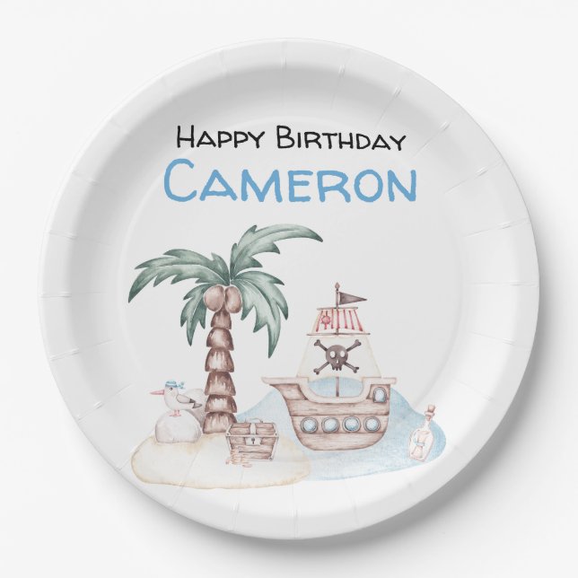 Cute Illustrated Pirate Party Paper Plates (Front)