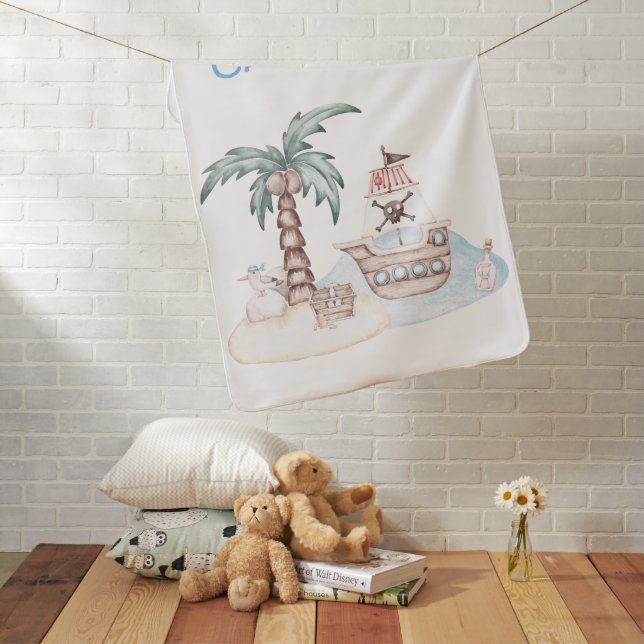Cute Illustrated Pirate Theme with Custom Name Baby Blanket (In Situ)