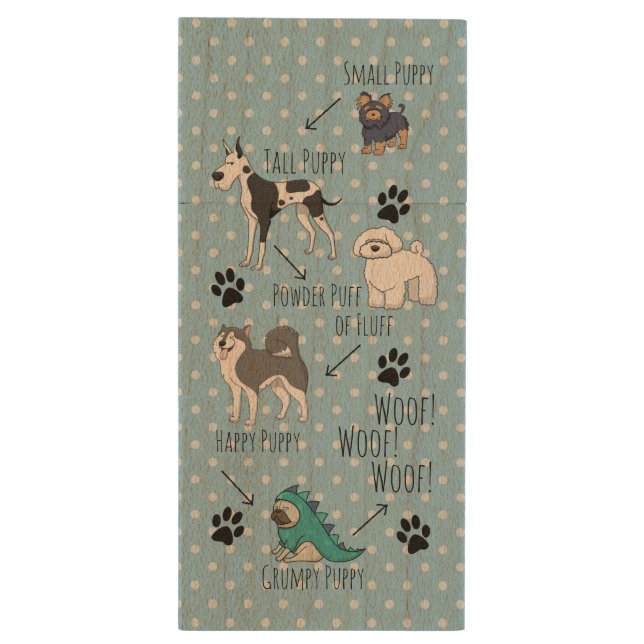 Cute Illustrated Puppy Dogs Poem Dotty Wood Flash Drive (Back (Vertical))