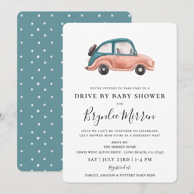 Cute Illustrated Retro Car Drive By Baby Shower Invitation (Front/Back)