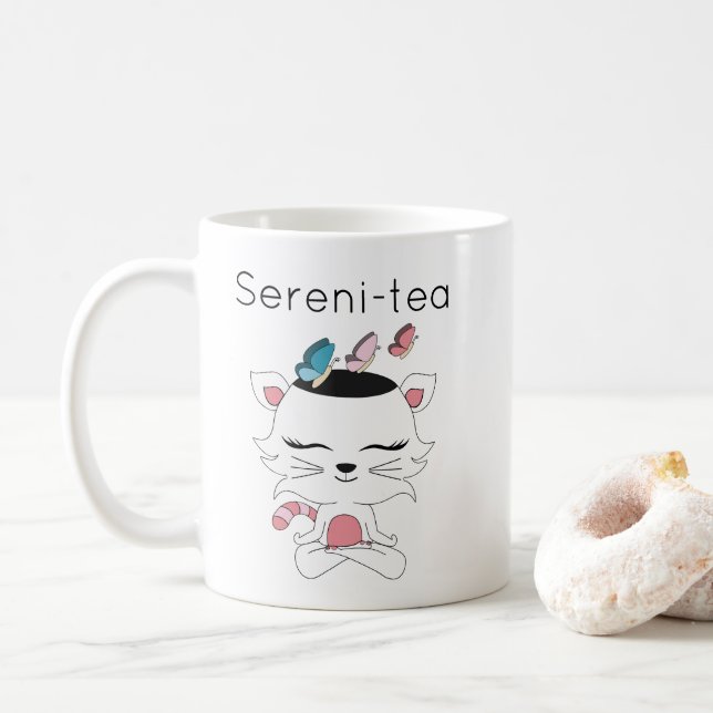 Cute Illustrated Sereni-tea Meditation Kitty Cat Coffee Mug (With Donut)