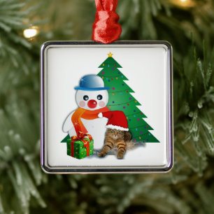 Cute Illustrated Snowman, Cat and Christmas Tree Metal Ornament
