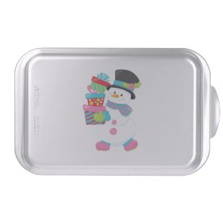 Cute Illustrated Snowman Holding Stack of Wrapped Cake Pan
