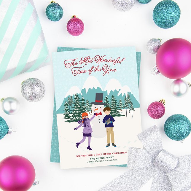 Cute Illustrated Snowman & Kids Non-Photo Holiday Card (Creator Uploaded)