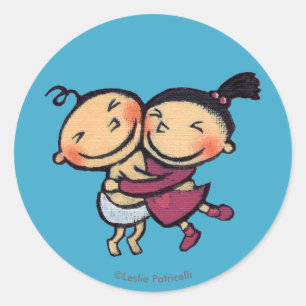 Cute Illustrated Toddlers Hugging Classic Round Sticker