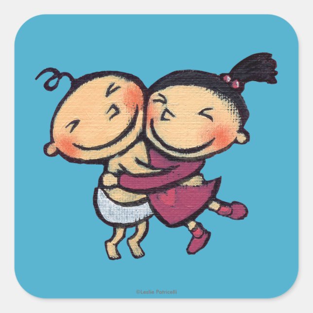 Cute Illustrated Toddlers Hugging Square Sticker (Front)