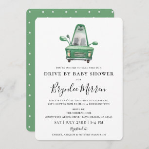 Cute Illustrated Vintage Car Drive By Baby Shower Invitation