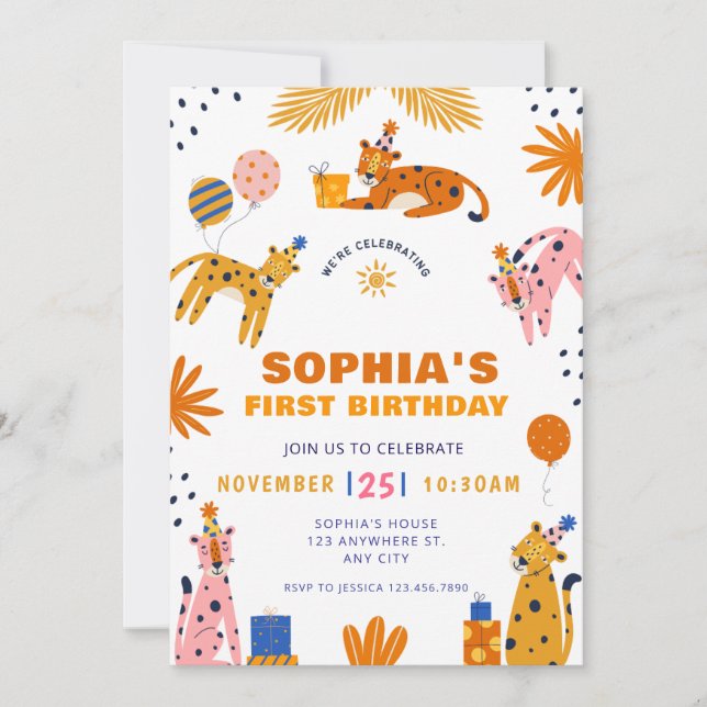 Cute illustrated wild animals first birthday invitation (Front)