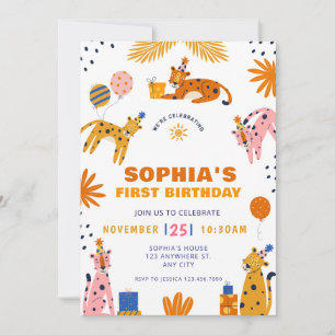 Cute illustrated wild animals first birthday invitation