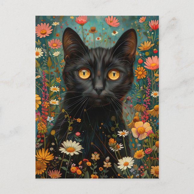 cute illustration black cat with flowers postcard (Front)