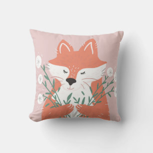 Cute Illustration Fox Smelling Flowers Throw Pillow