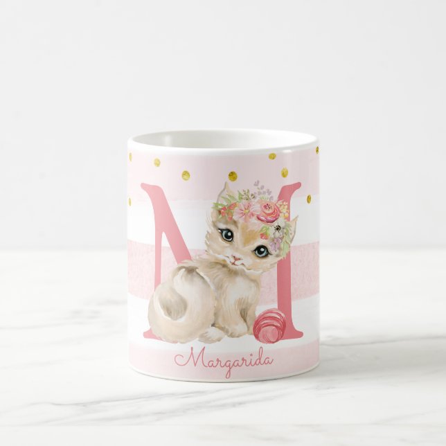 Cute Illustration Girl Cat Lover Custom Name Coffee Mug (Center)