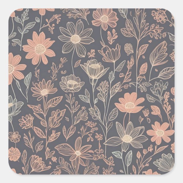 Cute illustration graphic line drawn flowers square sticker (Front)