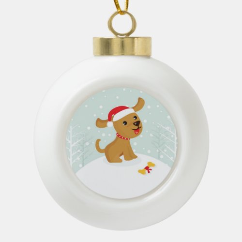 Cute Illustration Of a Puppy In The Snow Ceramic Ball Christmas Ornament