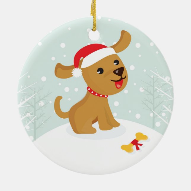 Cute Illustration Of a Puppy In The Snow Ceramic Ornament (Back)