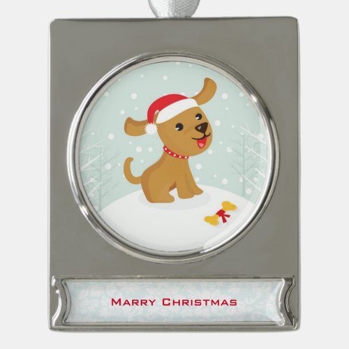 Cute Illustration Of a Puppy In The Snow Silver Plated Banner Ornament