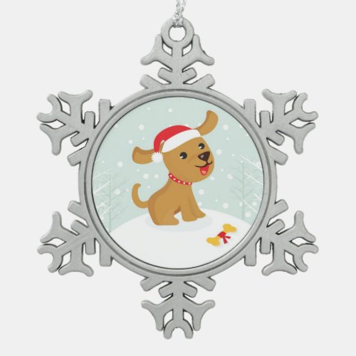 Cute Illustration Of a Puppy In The Snow Snowflake Pewter Christmas Ornament