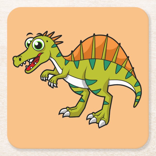 Cute Illustration Of A Smiling Spinosaurus. Square Paper Coaster (Front)