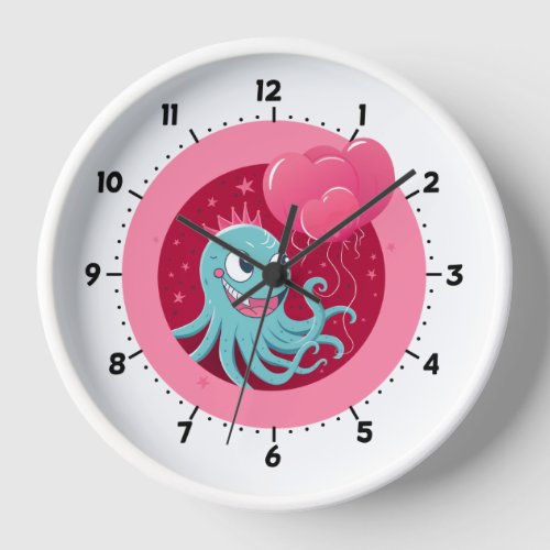 Cute illustration of an octopus holding balloons clock