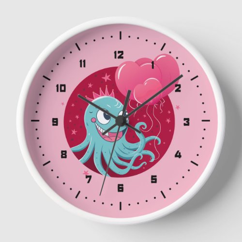 Cute illustration of an octopus holding balloons clock