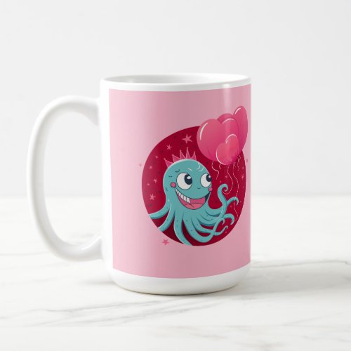 Cute illustration of an octopus holding balloons coffee mug