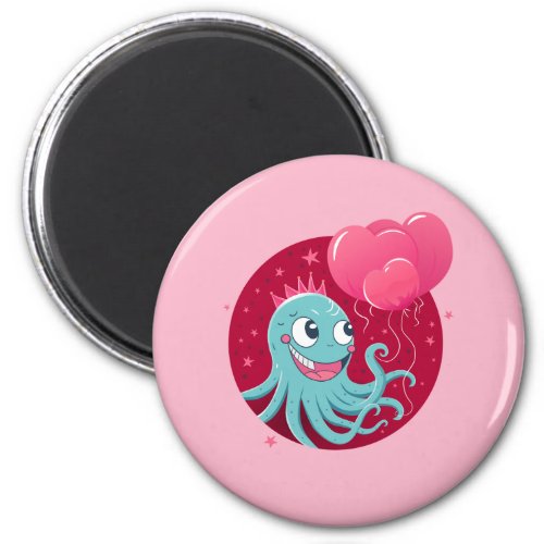 Cute illustration of an octopus holding balloons magnet