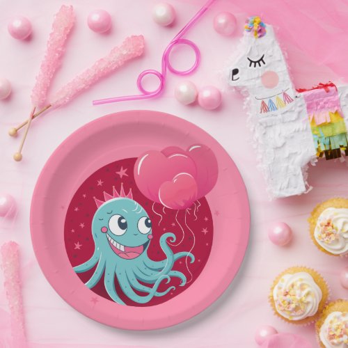 Cute illustration of an octopus holding balloons paper plates