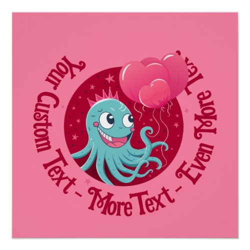 Cute illustration of an octopus holding balloons poster