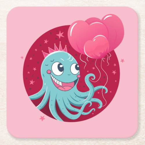 Cute illustration of an octopus holding balloons square paper coaster