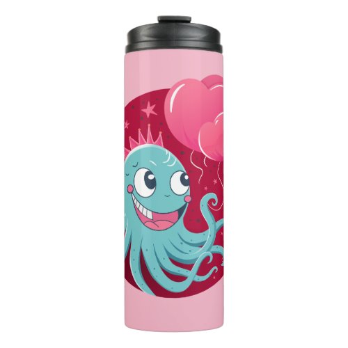 Cute illustration of an octopus holding balloons thermal tumbler