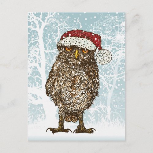 Cute Illustration of an Owl wearing a Santa Hat Holiday Postcard