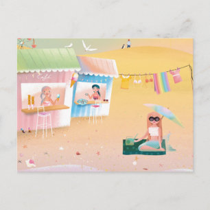 Cute illustration of mermaids' day on the beach postcard