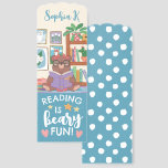 Cute Illustration Reading Is Beary Fun Kids Bookmarks<br><div class="desc">Cute bear themed bookmark for your daughter with her name in a pretty script at the top. An adorable bear is sitting by her bookshelf and reading a fairytale book. Behind her hangs cute pictures of flowers,  a fox,  and a snow owl. Reading is beary fun is written beneath.</div>