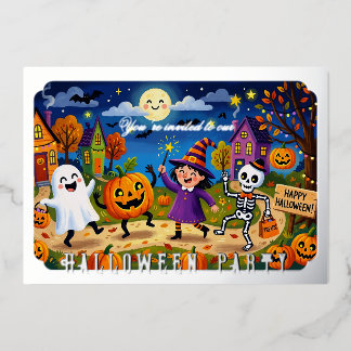 Cute Illustration & Silver Kids Halloween Party Foil Invitation