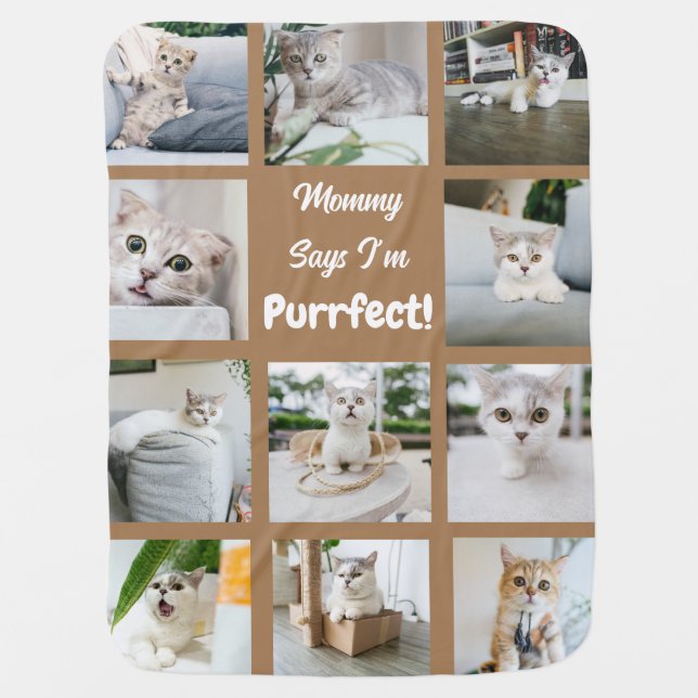 Cute I'm Purrfect Cat Photo Collage Brown Baby Blanket (Front)