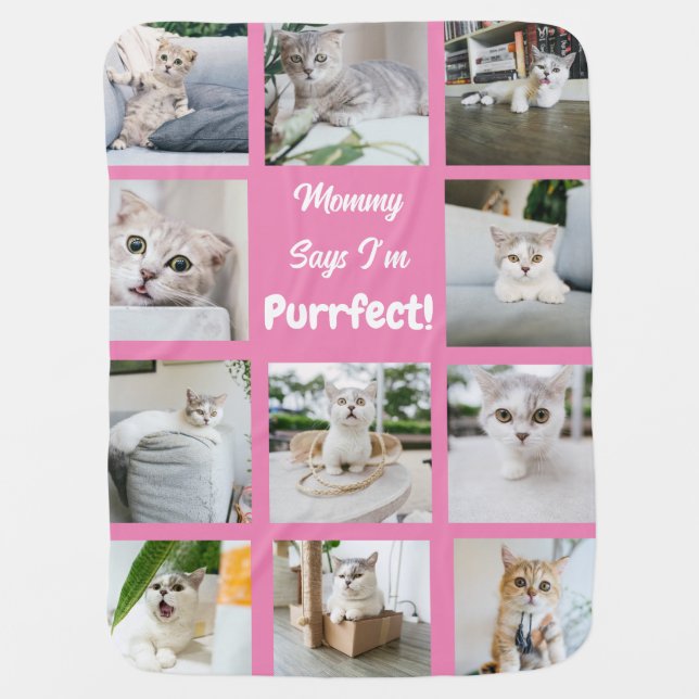 Cute I'm Purrfect Cat Photo Collage Pink Baby Blanket (Front)