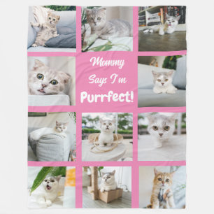 Cute I'm Purrfect Cat Photo Collage Pink Fleece Blanket