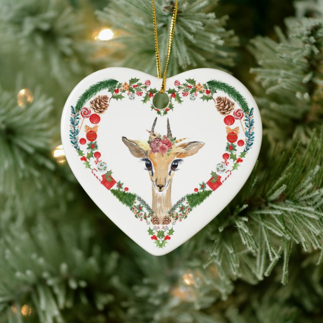 Cute Impala Heart Holiday Wreath Ceramic Ornament (Tree)