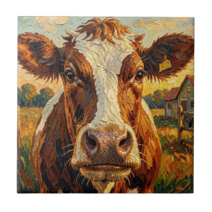 Cute Impasto Cow on Farm   Ceramic Tile