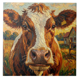 Cute Impasto Cow on Farm   Ceramic Tile
