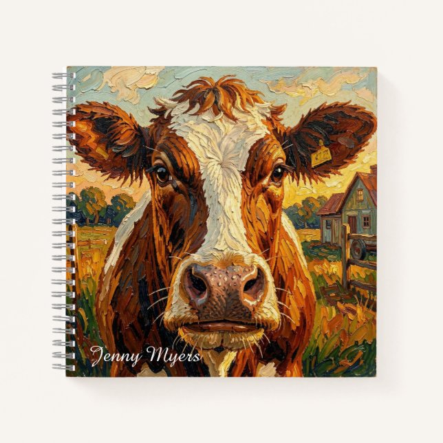 Cute Impasto Cow on Farm Personalized Notebook (Front)
