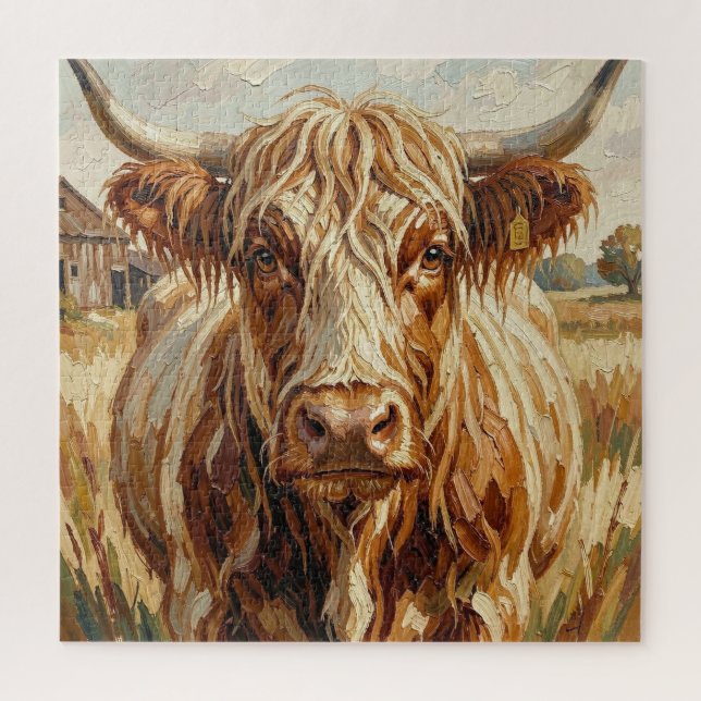 Cute Impasto Cow on Rustic Ranch Jigsaw Puzzle (Vertical)